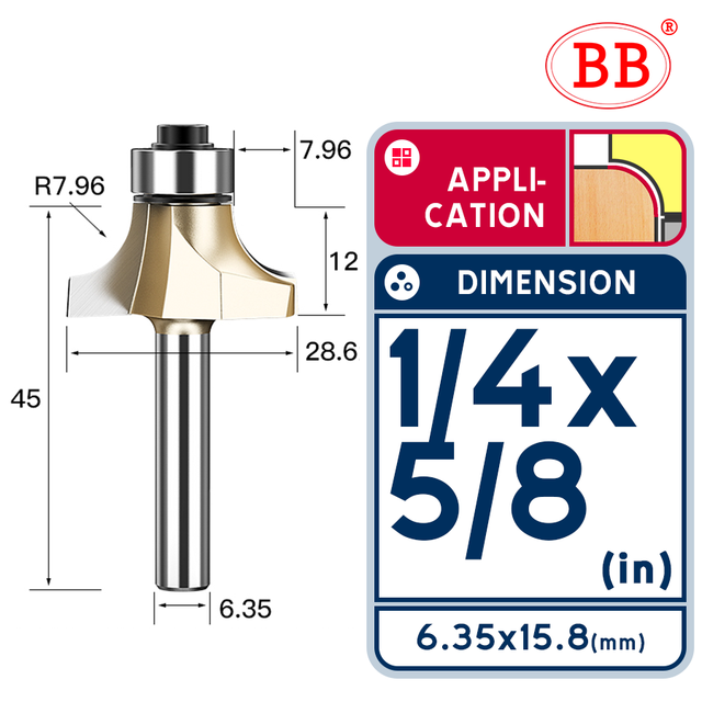 BB Corner Rounding Router Bit Concave Milling Cutter with Parallel Shank 1/2 1/4 Inch Woodworking Tool Round Edge Trimmer