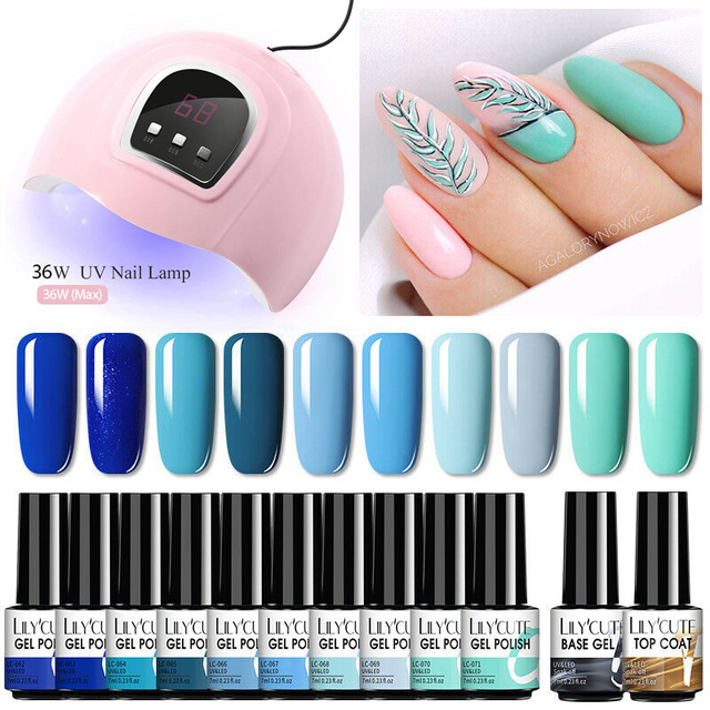 LILYCUTE 10pcs Gel Nail Polish Set With UV Lamp Nude Gel Semi Permanent Hybrid Varnish Base Top Coat Soak Off UV LED Nail Art