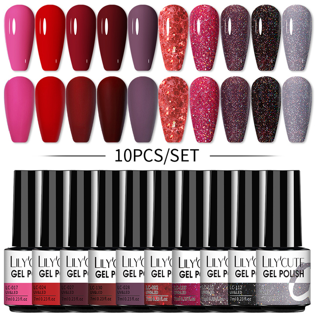 LILYCUTE 10/20/8/2pcs Gel Nail Polish Set Semi Permanent Glitter Hybrid Varnish Base Top Coat Soak Off UV LED Nails Gel