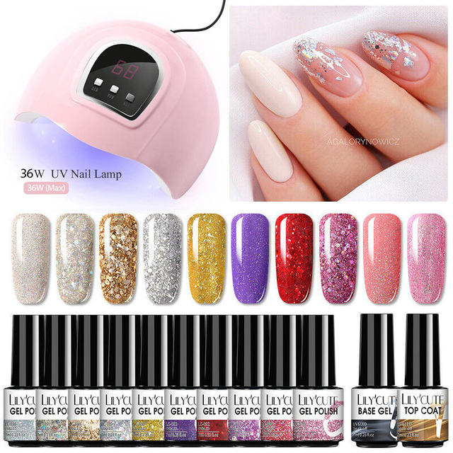 LILYCUTE 10pcs Gel Nail Polish Set With UV Lamp Nude Gel Semi Permanent Hybrid Varnish Base Top Coat Soak Off UV LED Nail Art