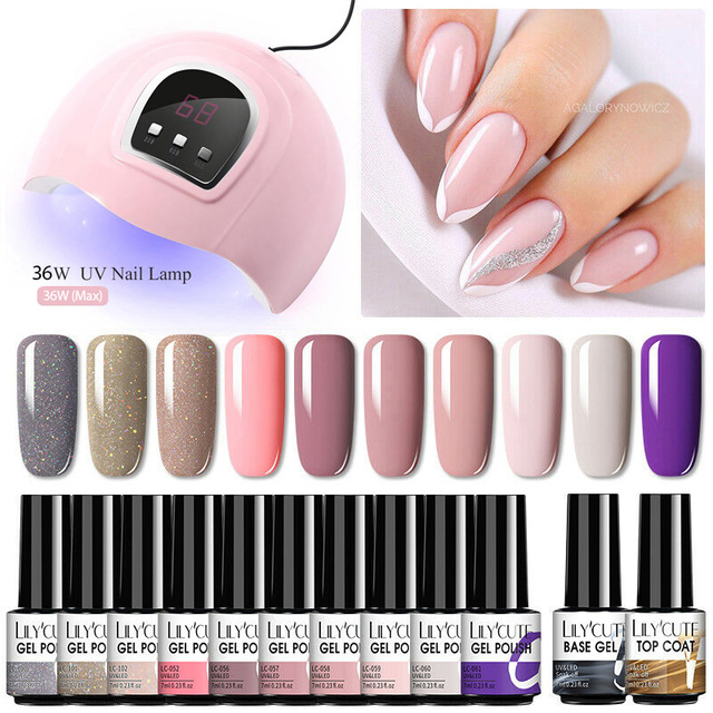 LILYCUTE 10pcs Gel Nail Polish Set With UV Lamp Nude Gel Semi Permanent Hybrid Varnish Base Top Coat Soak Off UV LED Nail Art