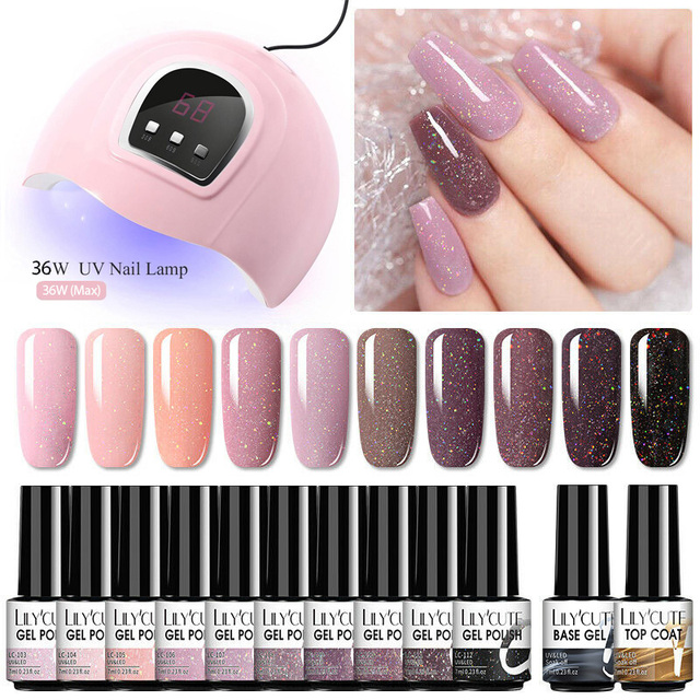 LILYCUTE 10pcs Gel Nail Polish Set With UV Lamp Nude Gel Semi Permanent Hybrid Varnish Base Top Coat Soak Off UV LED Nail Art