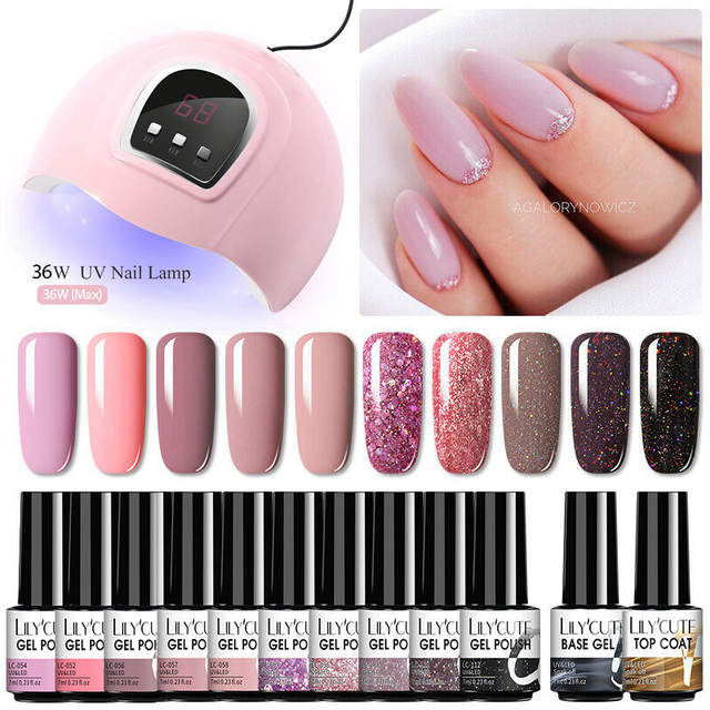 LILYCUTE 10pcs Gel Nail Polish Set With UV Lamp Nude Gel Semi Permanent Hybrid Varnish Base Top Coat Soak Off UV LED Nail Art