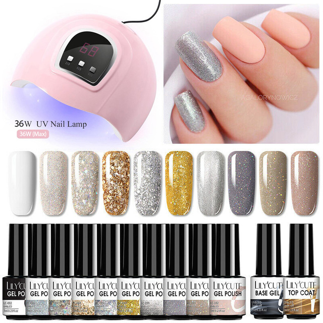 LILYCUTE 10pcs Gel Nail Polish Set With UV Lamp Nude Gel Semi Permanent Hybrid Varnish Base Top Coat Soak Off UV LED Nail Art