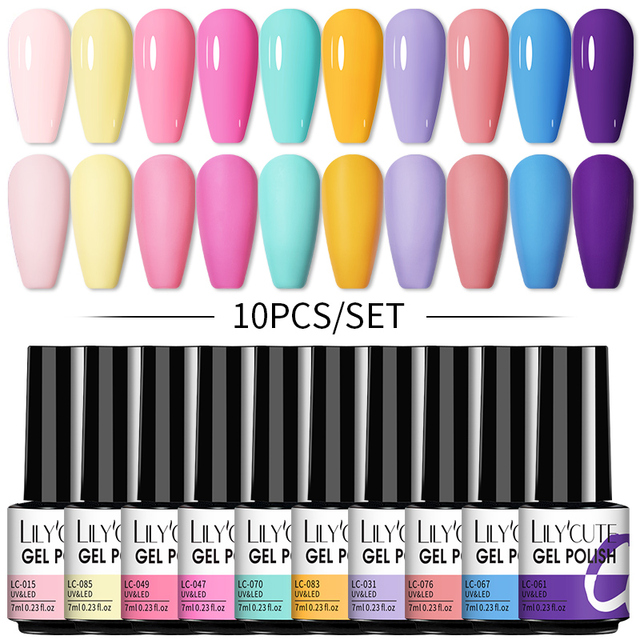 LILYCUTE 10/20/8/2pcs Gel Nail Polish Set Semi Permanent Glitter Hybrid Varnish Base Top Coat Soak Off UV LED Nails Gel