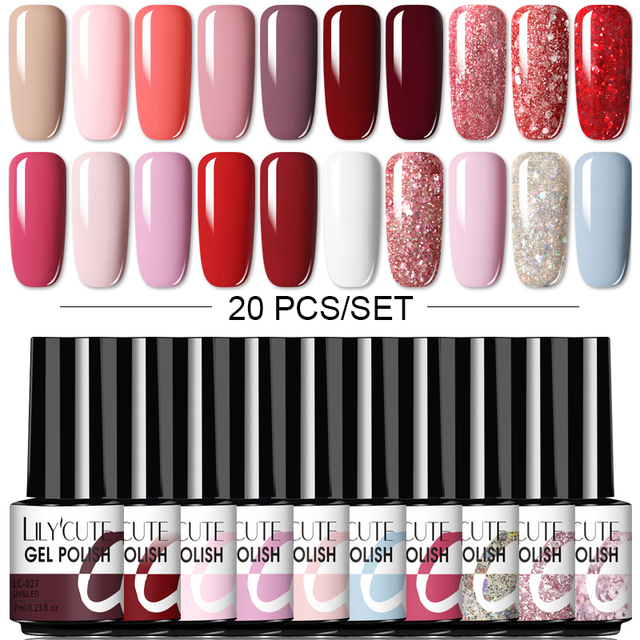 LILYCUTE 10pcs Gel Nail Polish Set With UV Lamp Nude Gel Semi Permanent Hybrid Varnish Base Top Coat Soak Off UV LED Nail Art