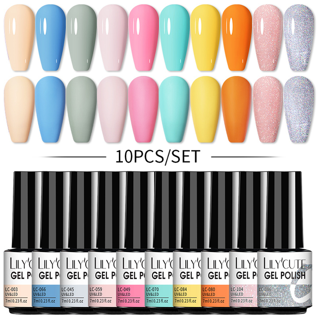 LILYCUTE 10/20/8/2pcs Gel Nail Polish Set Semi Permanent Glitter Hybrid Varnish Base Top Coat Soak Off UV LED Nails Gel