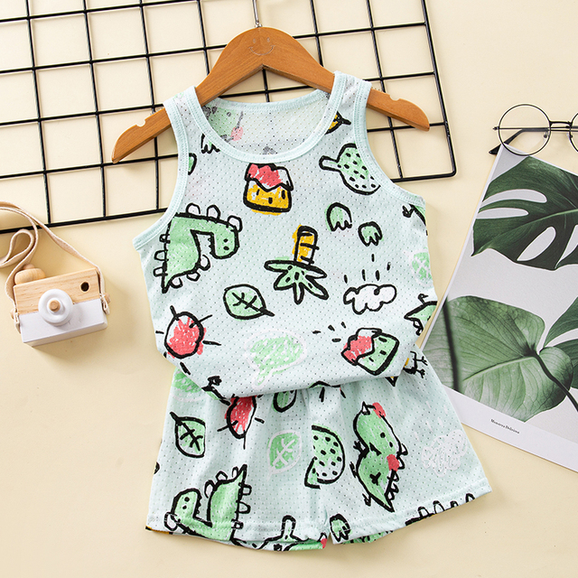 Baby Kids Pajamas Sets Cotton Boys Pajamas For Girls Sleeveless Hollow Dinosaur Tshirt Short Summer Pajama Suit Children Clothes