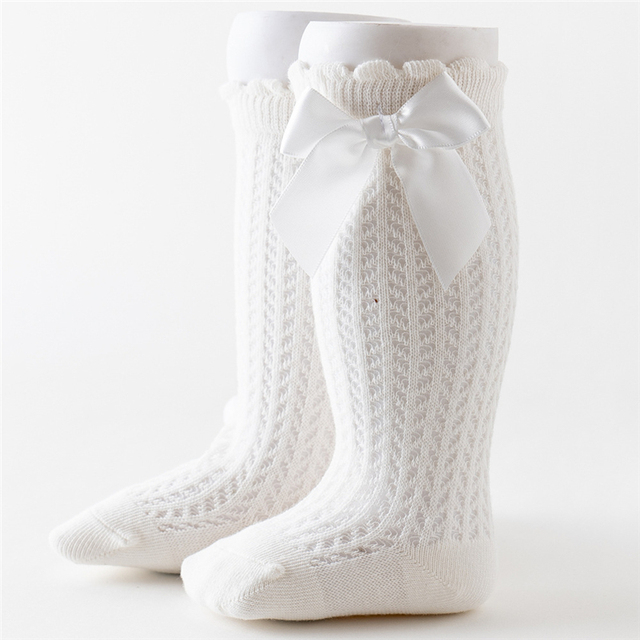 Newborn Baby Girls Solid Bow-knot Socks Breathable Mesh Cotton Knee High Leg Warmer Summer Infant Baby Soft Socks Clothes