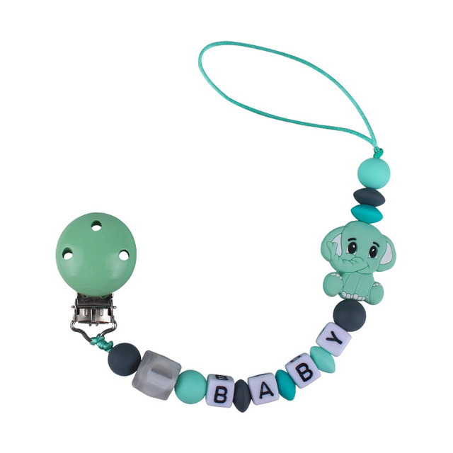 Customized Name Newborn Infant Baby Pacifier Clips Chain Elephant Silicone Beads Toy Teether Toy Doll Baby Holder Pacifier Chain