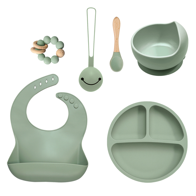 Baby Silicone Food Plate Bowl Spoon 6pcs Baby Utensil Set Auxiliary Food BPA Free Silicone Dishes for Baby Tableware