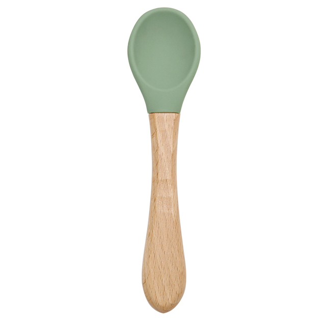 Wooden Feeding Handle Silicone Spoon For Baby Utensils Eat Soild Food Kids Training Ability Manipulation Children's Tableware