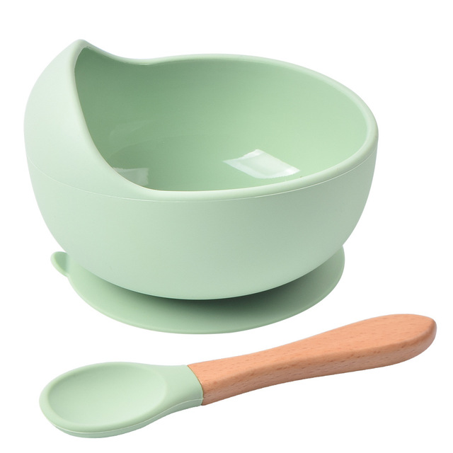 Baby Silicone Bowl Feeding Tableware Children Suction Bowl Plate Wooden Handle Silicone Spoon Dish Set For Baby Kitchen Utensils