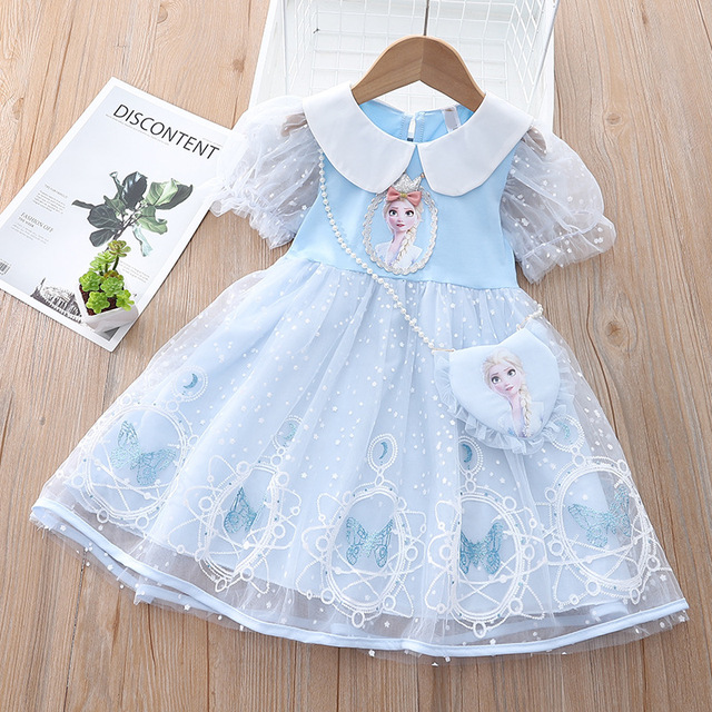 Summer Korean Lovely Lace Elsa Frozen Baby Clothes Short Sleeve Princess Dress Birthday Party Little Girls Costume Vestidos