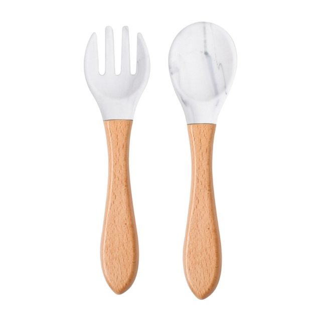 2pcs silicone tips baby feeding training spoon and fork set with wooden handle