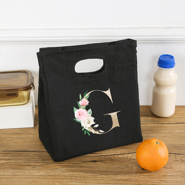 Rose Flower Letters A-Z Canvas Lunch Bag Harajuku Insulated Functional Thermal Pouch Cooler Bags for Women Funny Kid Picnic Box