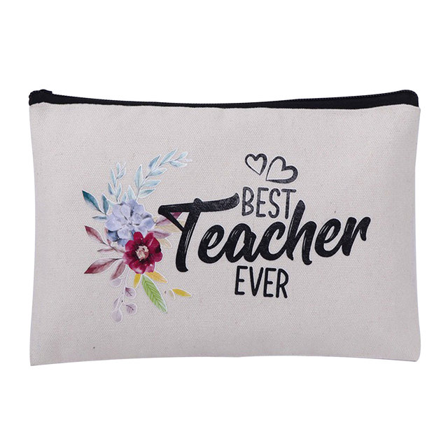 Women Teacher Flower Printed Cosmetic Bag Canvas Zipper Travel Toiletry Bag Swanky Bag Portable Make Up Bags Style for Travel