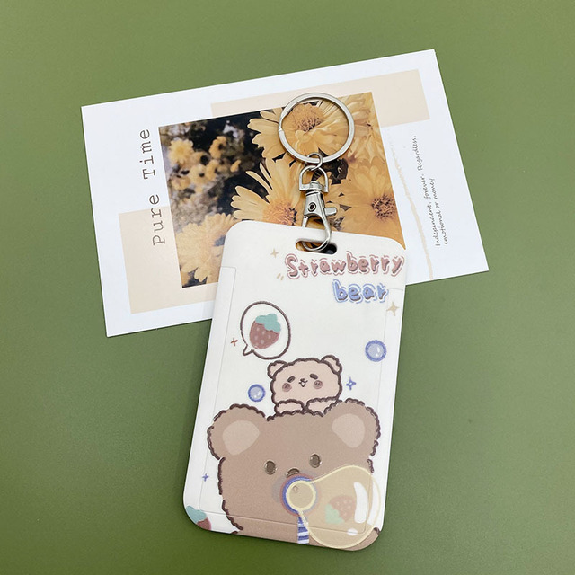 New Cute Cartoon Flocking Bear ID Credit Bank Card Holder Student Keychain Bus Card Case ID Badge Cover Women Men Pendants