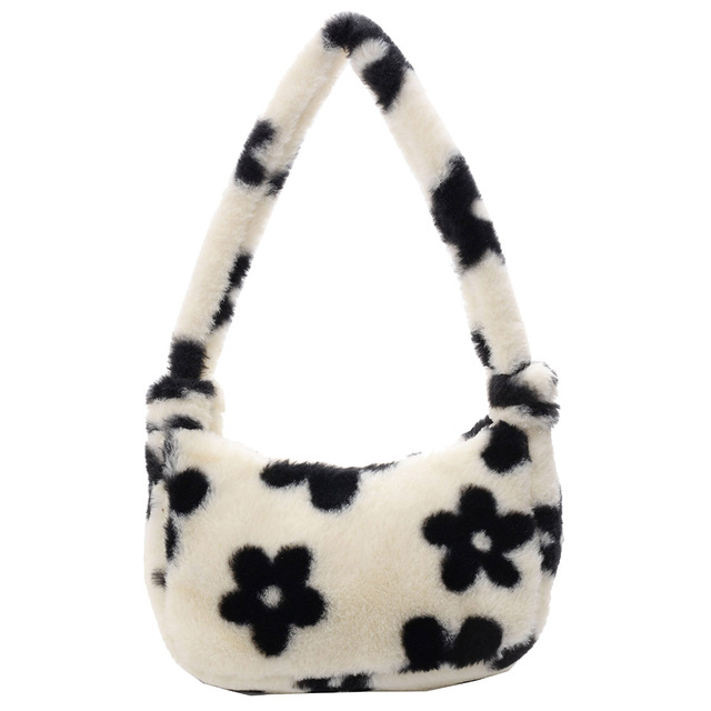 Fashion Women Cow Print Small Shoulder Bags Female Winter Plush Underarm Bags Leopard Zebra Pattern Fluffy Tote Bags Small Purses