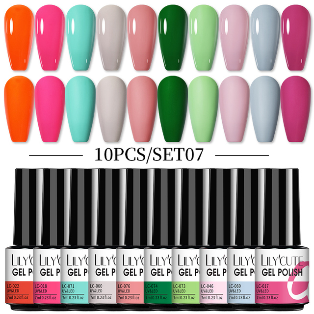 LILYCUTE 10pcs Gel Nail Polish Set With UV Lamp Nude Gel Semi Permanent Hybrid Varnish Base Top Coat Soak Off UV LED Nail Art