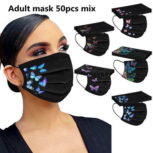 50pcs Disposable Face Mask Adult Women Printed Face Mask Adult Breathable Ear Loop Mask Non-woven Black 3Ply Mascarillas