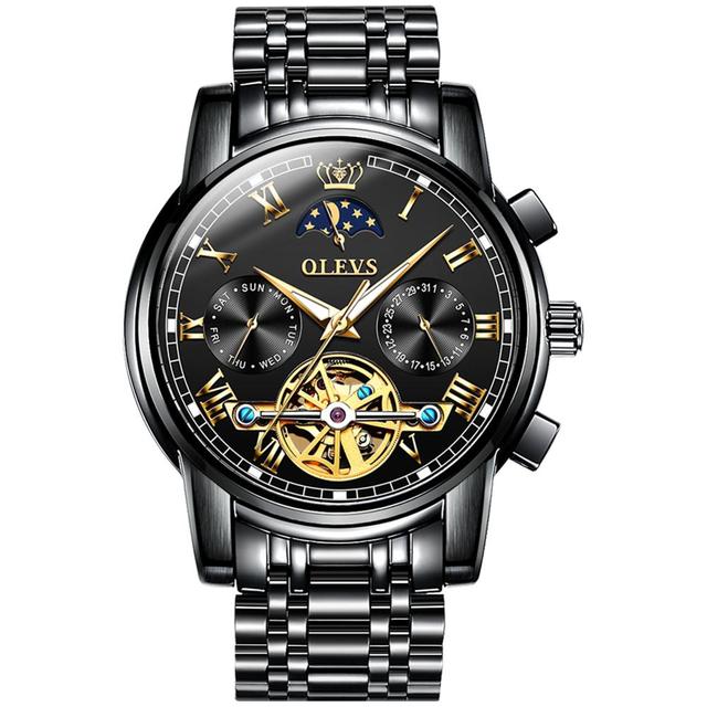 OLEVS-Men's Mechanical Watch, Classic, Water Resistant, Stainless Steel, Skeleton, Mechanical