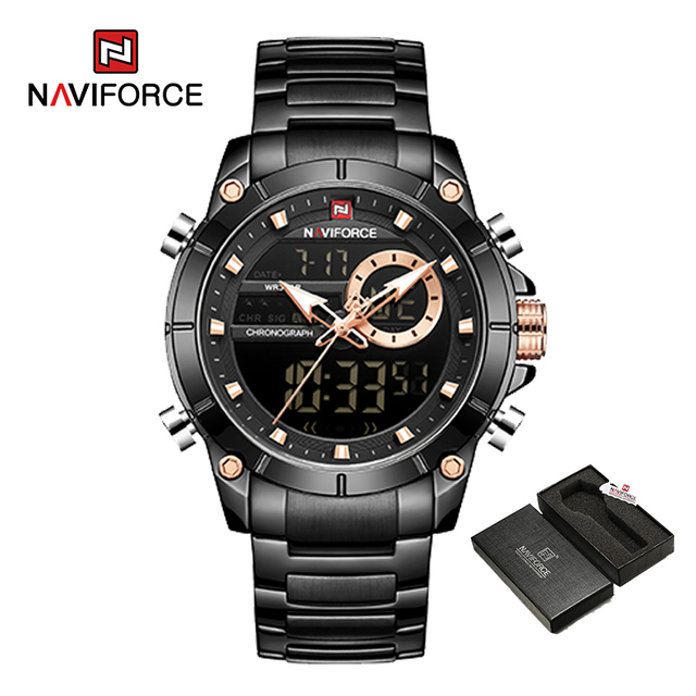 NAVIFORCE Men Military Sports Wrist Watch Gold Quartz Steel Waterproof Dual Display Male Clock Watches Relogio Masculino 9163