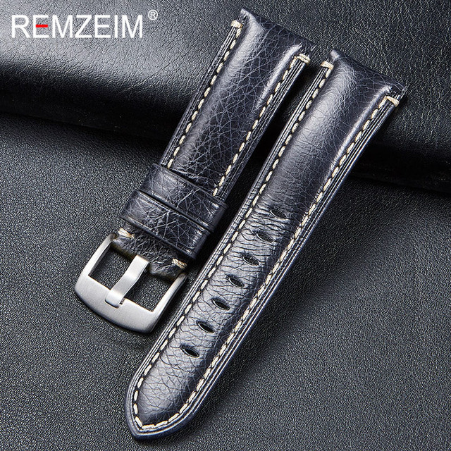 Remz Patterned - Genuine Leather Watch Strap, Brown, Green, Antique, 20, 22, 24, 26 mm, with Black and Silver Buckle