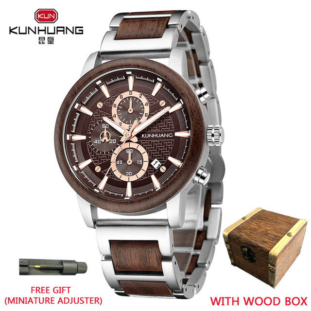 Kunhuang Luxury Wood Stainless Steel Men Watch Fashion Wooden Watches Chronograph Quartz Watches relogio masculino gift man