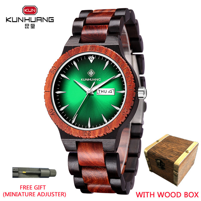 Kunhuang Men's Watch Colorful Dial Wooden Watch Week Clock Date Display Quartz Wood Wristwatch for Men Women reloj mujer