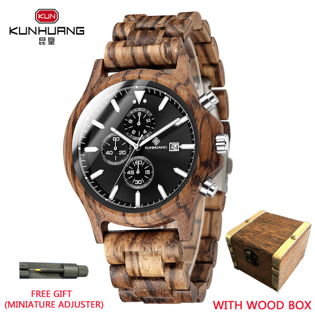 Kunhuang Handmade Wooden Watches Mens Watches Chronograph Watch Military Quartz Wristwatch Male In Wooden Gift Box Relogio