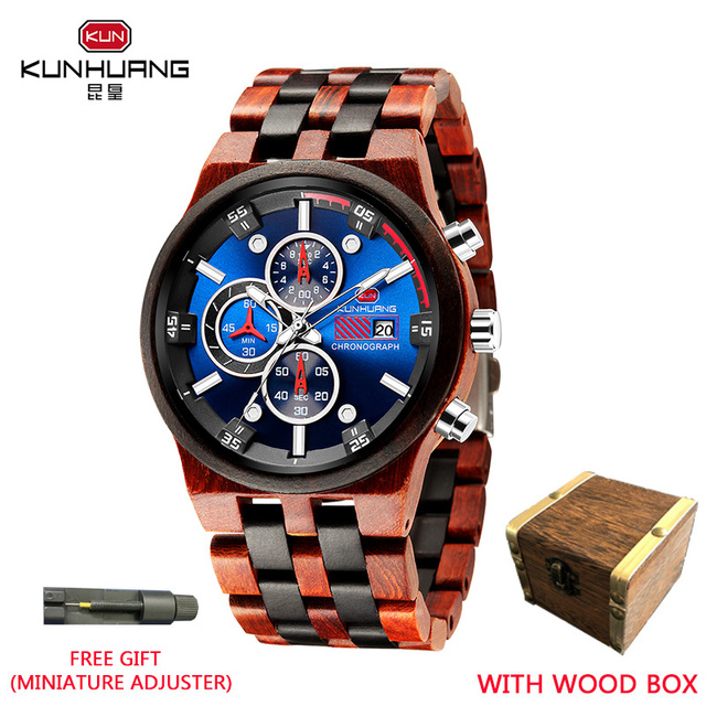 Kunhuang Wooden Mens Watch Luxury Elegant Wood Watches Chronograph Zebra Wood Quartz Watches in Wooden Gift Box reloj de hombre