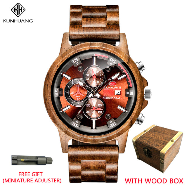 Kunhuang Luxury Natural Zebra Wood Watch Fashion Multifunction Quartz Men's Watch Chronograph Mineral Glass reloj de hombre