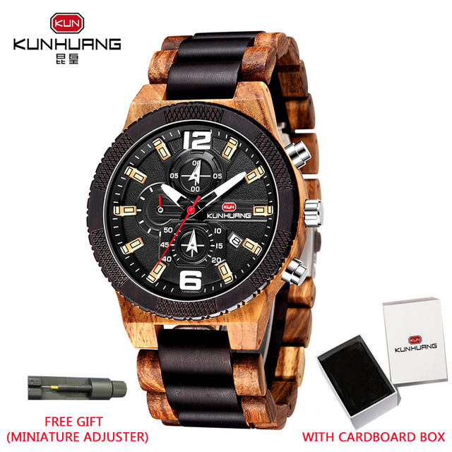 Kunhuang Luxury Wood Stainless Steel Men Watch Fashion Wooden Watches Chronograph Quartz Watches relogio masculino gift man