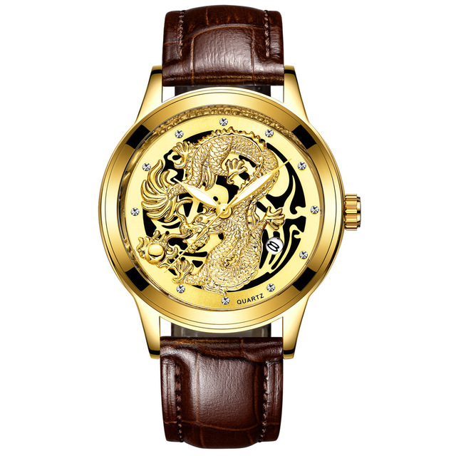 FNGEEN Mens Watches Luxury Brand Chinese Golden Dragon Quartz Watch Diamond Dial Stainless Steel Watch Male Relogio Masculin