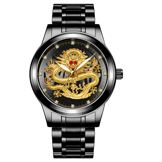 FNGEEN Mens Watches Luxury Brand Chinese Golden Dragon Quartz Watch Diamond Dial Stainless Steel Watch Male Relogio Masculin