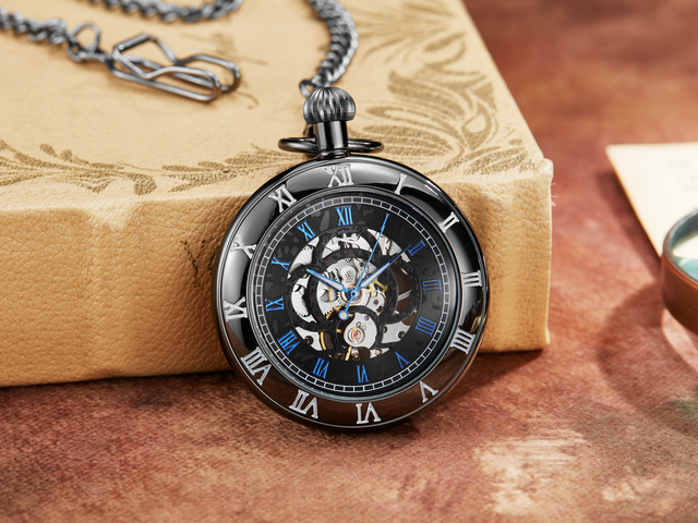 Hand Wind Mechanical Luxury Steampunk Pocket Watch Hollow Men Watches Roman Numeral Clock With Fob Chain With Box Reloj Hombre