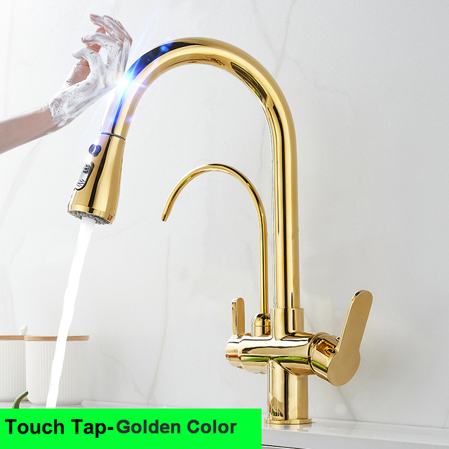 Gold Touch Filter Kitchen Mixer Tap Dual Handle Hot Cold Brass Kitchen Sink Faucets Smar Sensor Touch Pull Out Kitchen Faucets