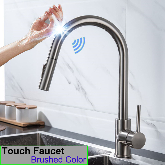 Black Touch Spring Kitchen Mixer Faucets Quality Brass Hot Cold Pull Kitchen Mixer Taps Smart Sensor Touch Kitchen Faucet