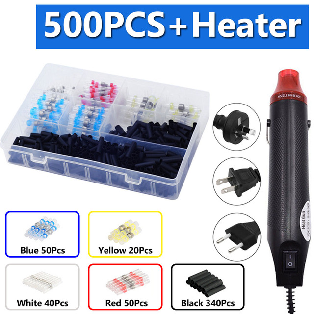 100/800pcs Heat Shrink Butt Terminals Crimp Terminal Solder Seal Waterproof Electrical Wire Twisting Cable Kit With Mini Heat Gun