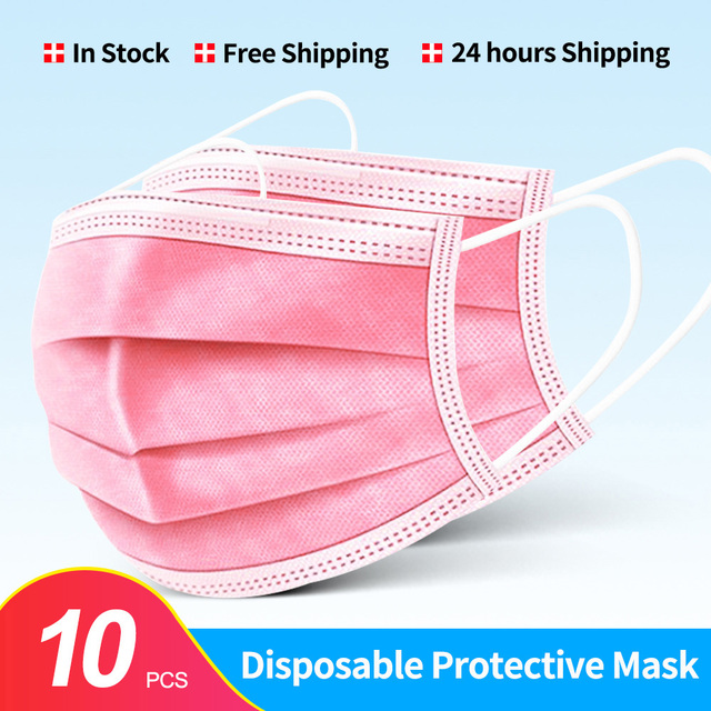 In Stock 10/100pcs Disposable Nonwoven Face Mask 3 Layers Anti Dust Respirator Mask With Elastic Ear Band For Adults