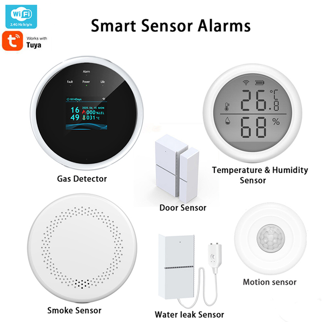 Home Security Products Personal Alarm 6pcs-kit Wifi Smoke Gas Detector Thermometer Motion Monitoring Door Friction Sensor