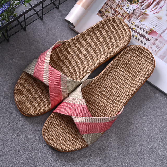 New Summer Linen Home Slippers Women 35-45 Plus Size Beach Flip Flops Non-slip Unisex Family Female Male Linen Slippers