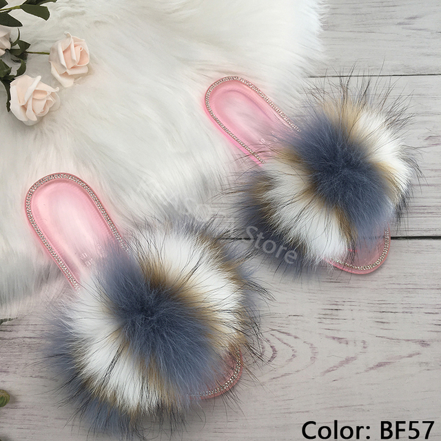 fluffy slippers women real fur home slides summer crystal rhinestones shoes for women flip flops with fur jelly sandals women