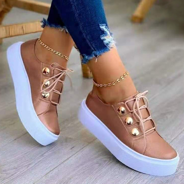 Rimocy Shiny PU Leather Thick Bottom Sneakers Woman Plus Size 43 Lace Up Platform Shoes Women Gold Silver Flats Zapatos De Mujer