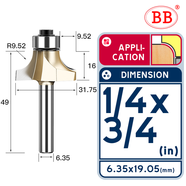 BB Corner Rounding Router Bit Concave Milling Cutter with Parallel Shank 1/2 1/4 Inch Woodworking Tool Round Edge Trimmer