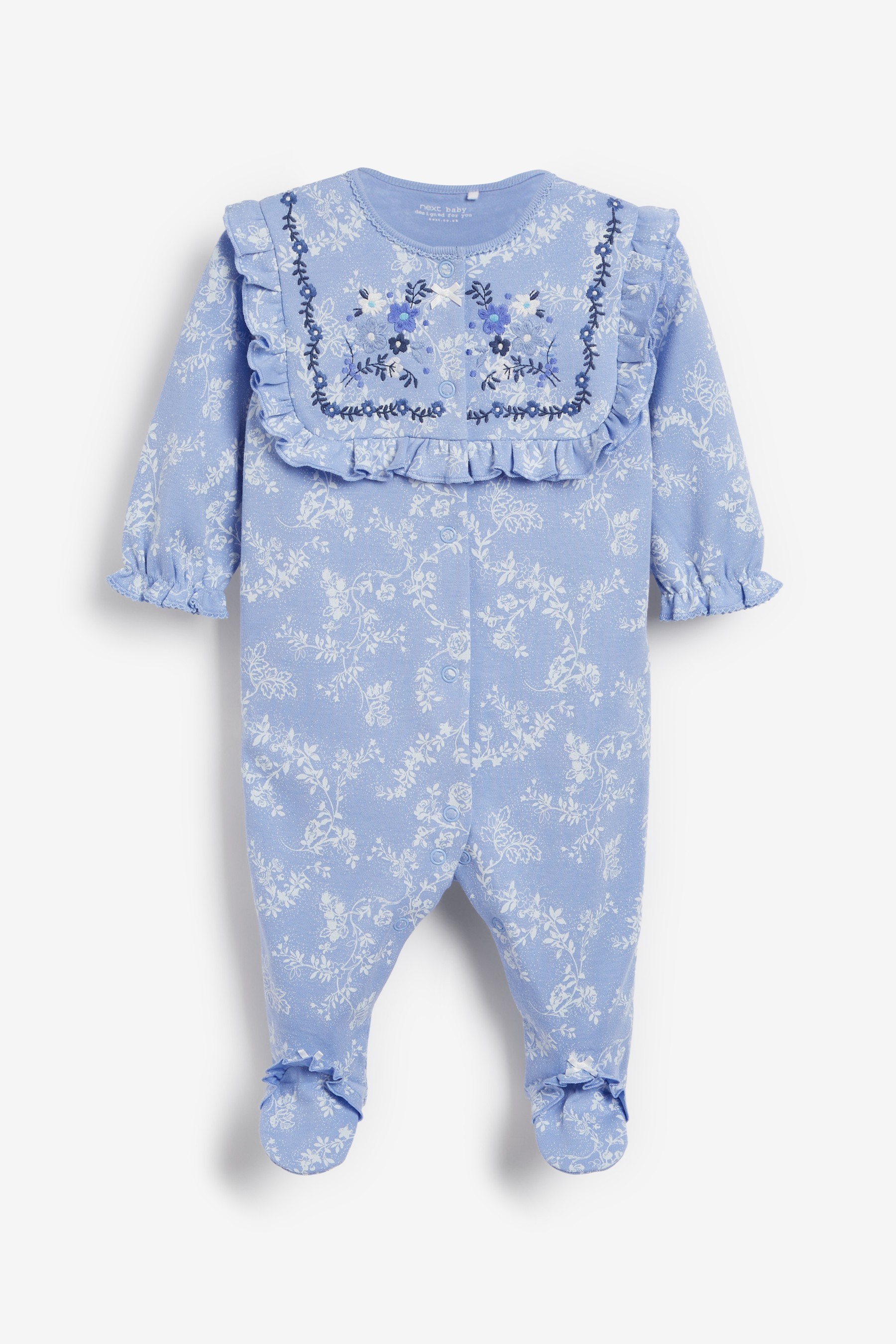 3 Pack Embroidered Detail Baby Sleepsuits (0-3yrs)