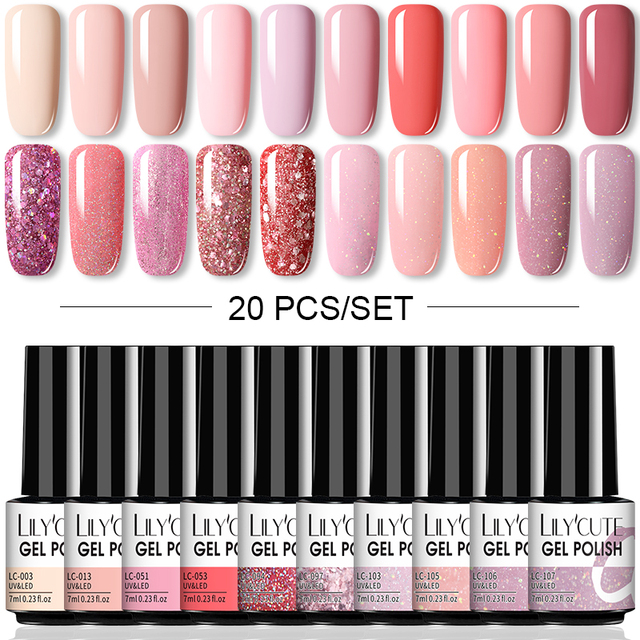 LILYCUTE 10pcs Gel Nail Polish Set With UV Lamp Nude Gel Semi Permanent Hybrid Varnish Base Top Coat Soak Off UV LED Nail Art