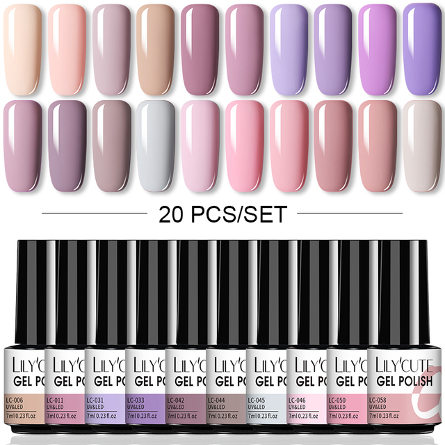 LILYCUTE 10pcs Gel Nail Polish Set With UV Lamp Nude Gel Semi Permanent Hybrid Varnish Base Top Coat Soak Off UV LED Nail Art