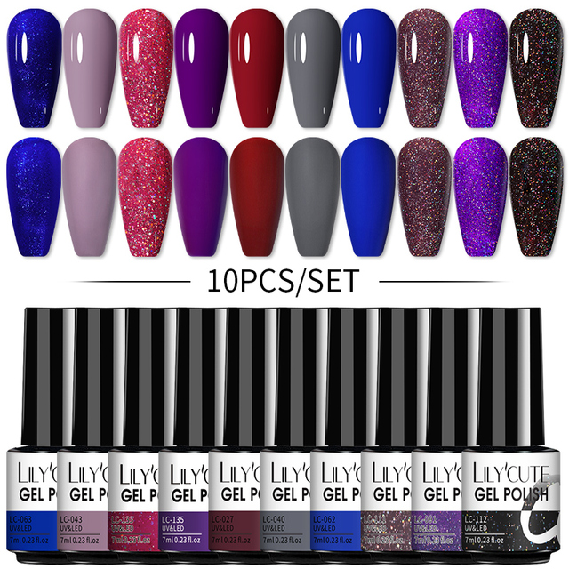 LILYCUTE 10/20/8/2pcs Gel Nail Polish Set Semi Permanent Glitter Hybrid Varnish Base Top Coat Soak Off UV LED Nails Gel